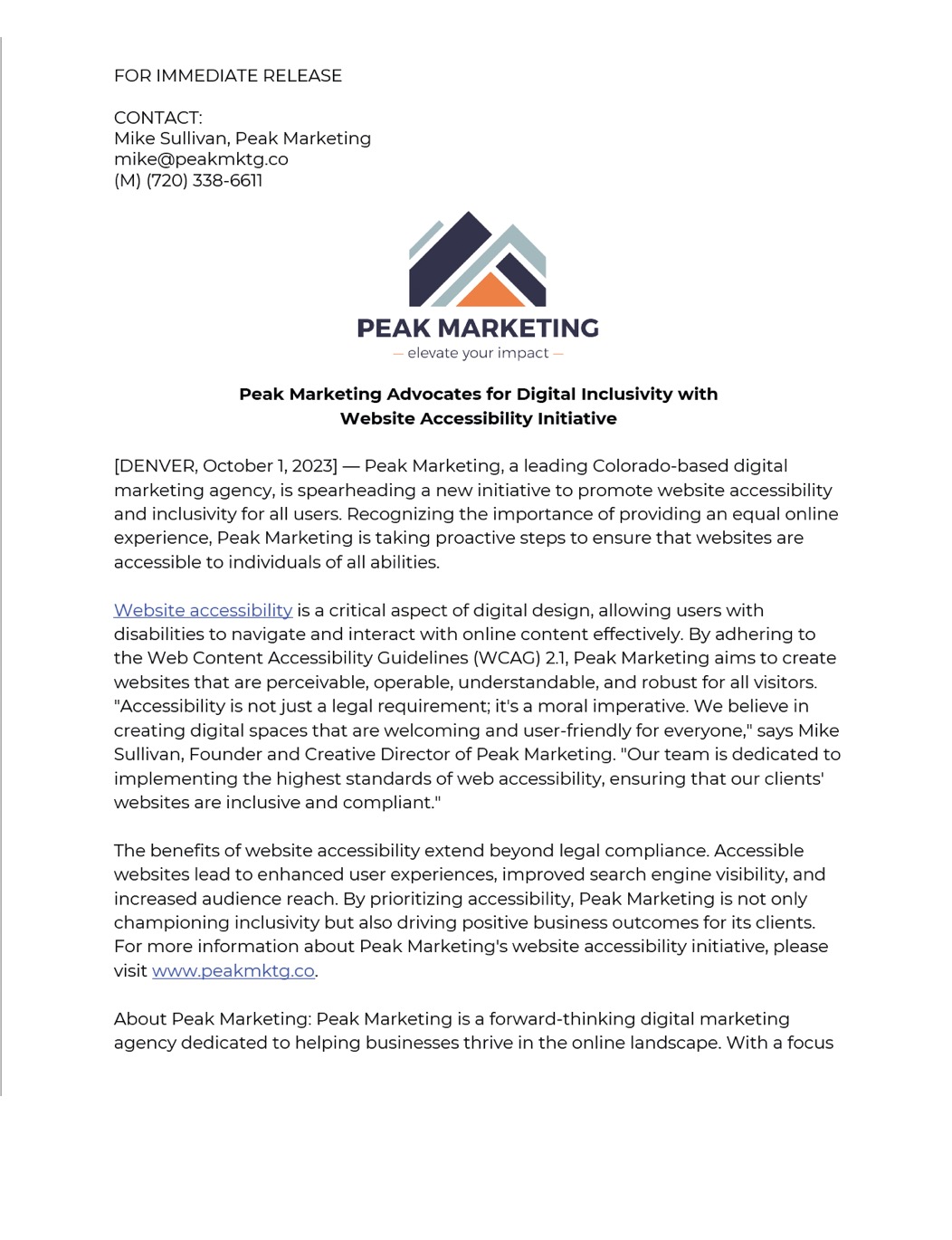Website Accessibility Peak Marketing Press Release - September 2023